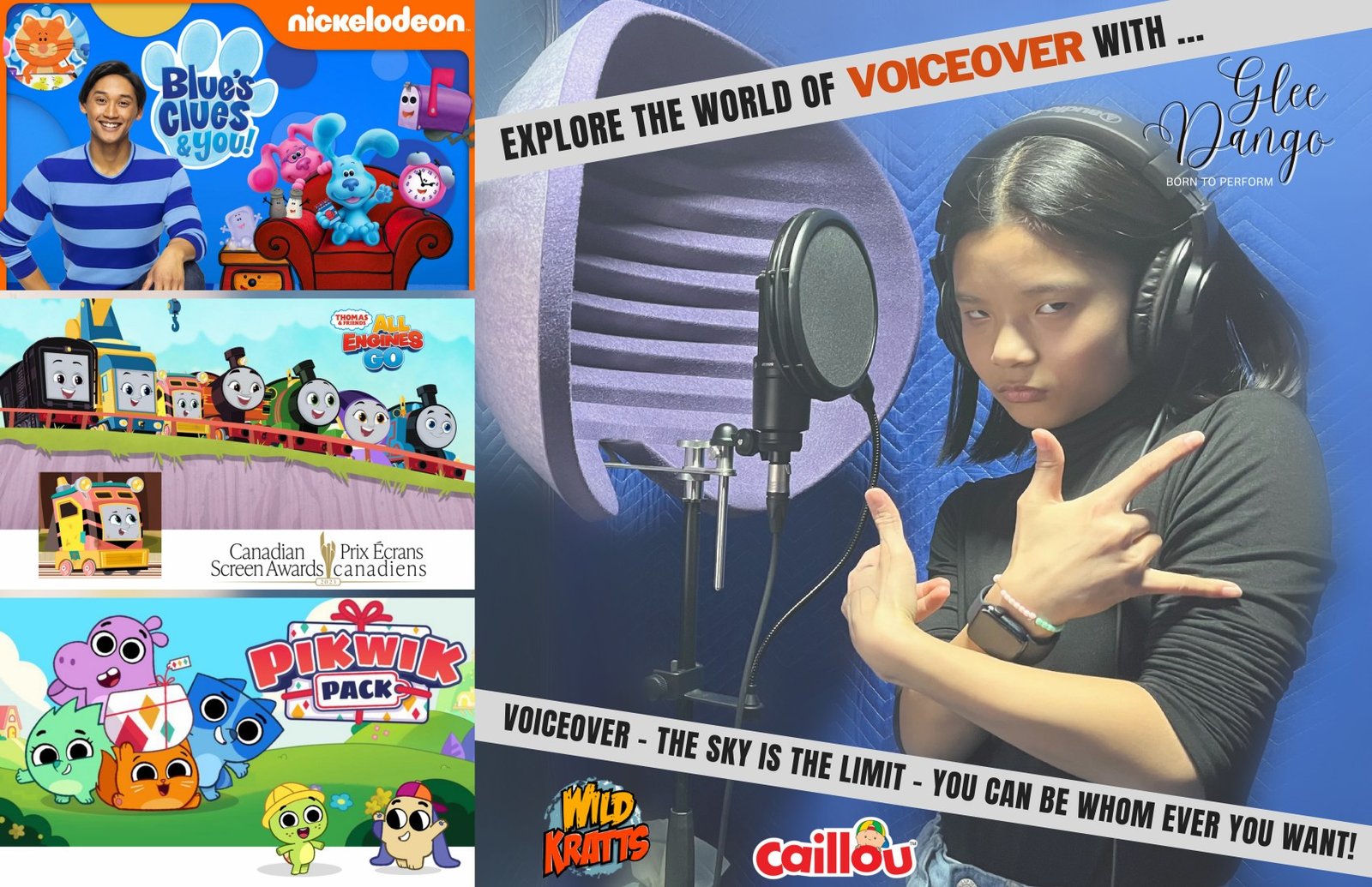 Voiceover work montage including Blue's Clues & You, Thomas & Friends: All Engines Go, Caillou, Wild Kratts and PikWik Pack